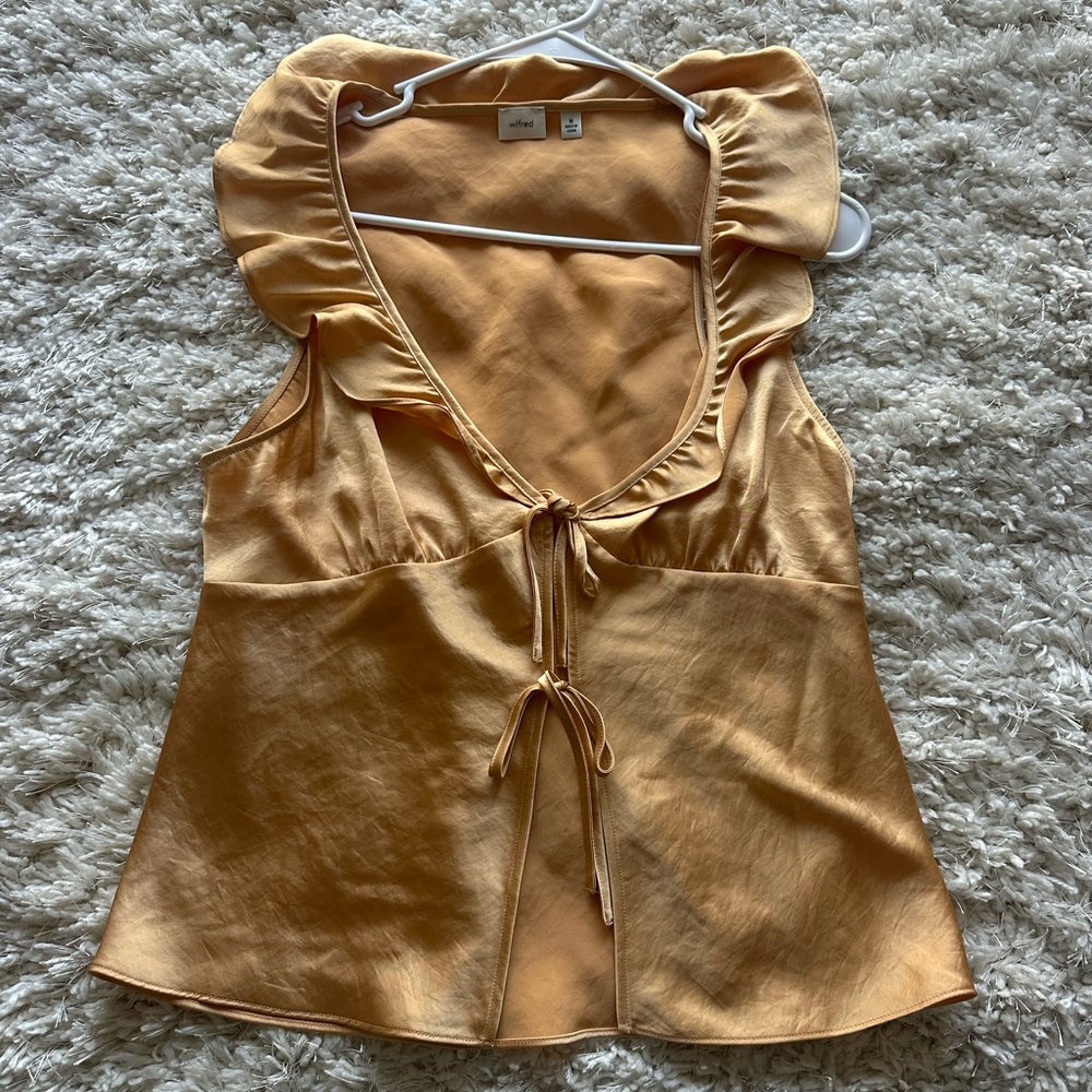 Aritzia Wilfred Satin Ruffle Tie-Front Tank in Warm Gold